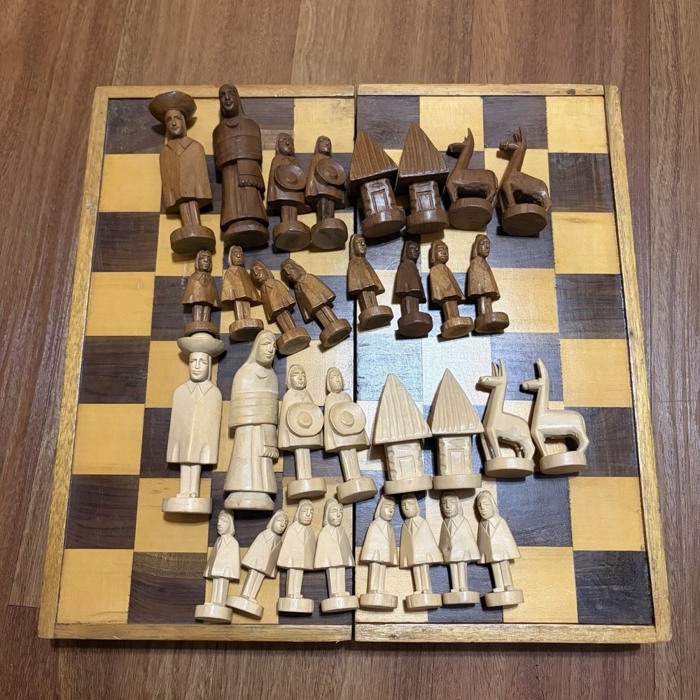 VTG Handmade Carved Wood Chess Set Village Folk Art Folding Board Complete Set